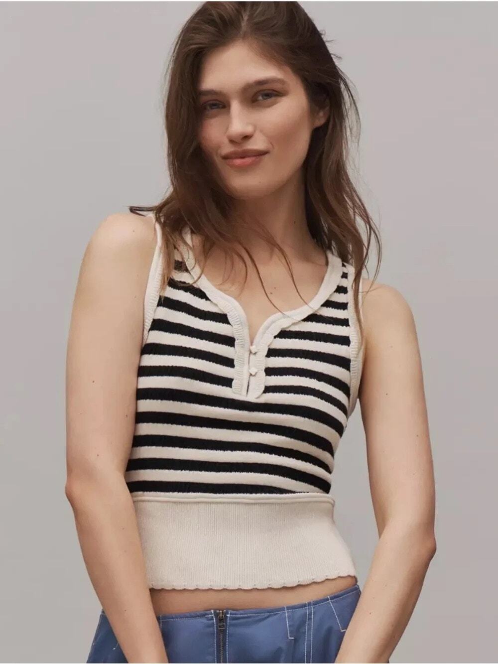 Maeve Anthropologie Black and Cream Striped Ribbed Tank Top Blouse Size XL